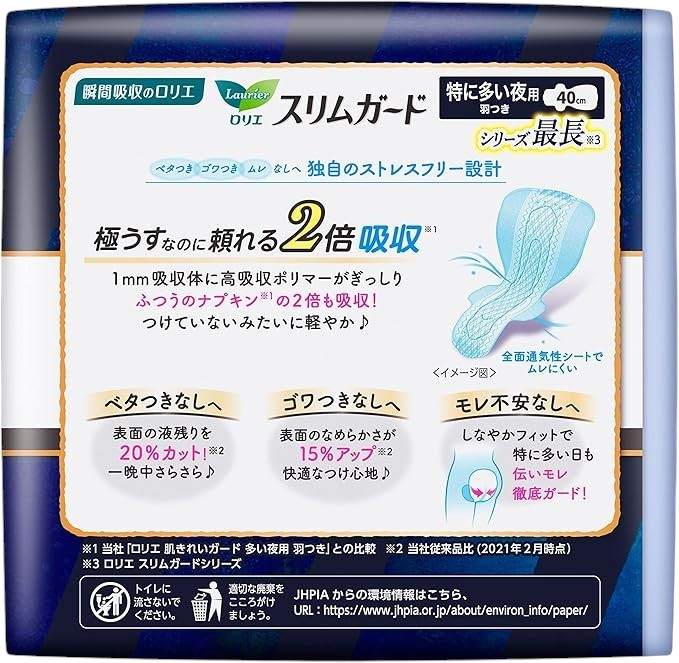 ロリエスリムガード特に多い夜用40cm羽つき高吸水ポリマー11個×4パック