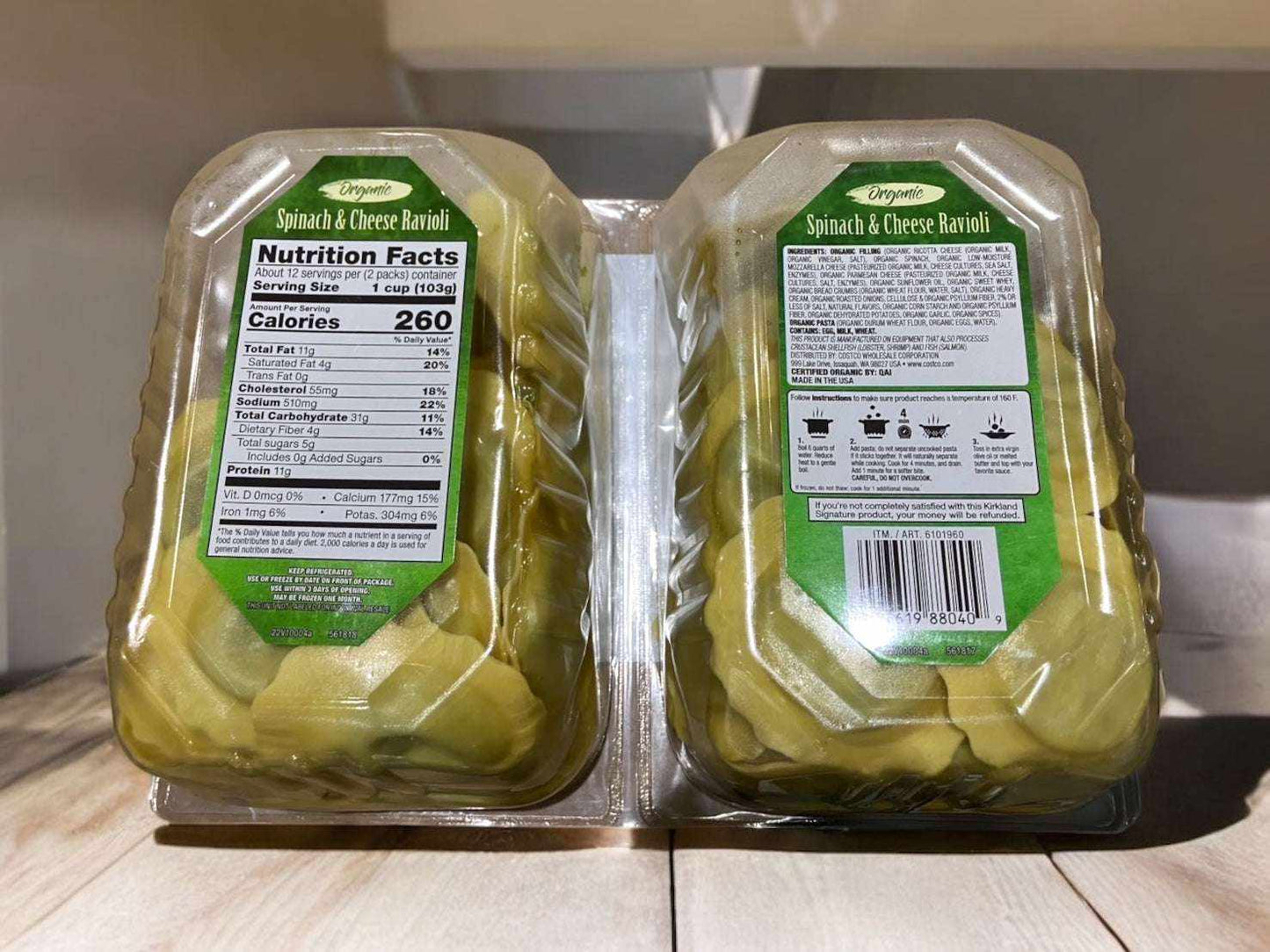 KSオーガニックラビオリホウレンソウとチーズ入り冷蔵食品1.25kg