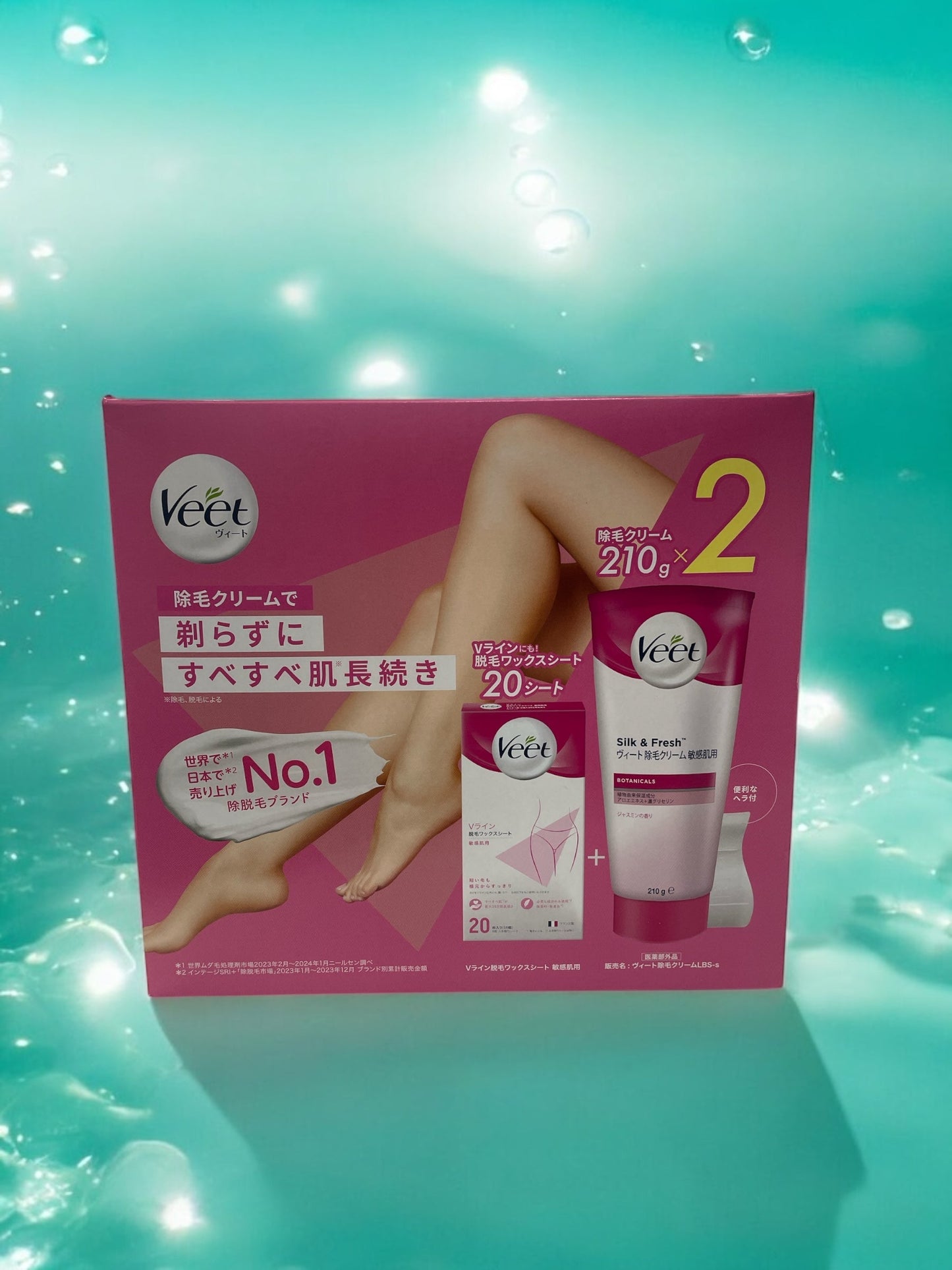Veet hair removal cream and wax sheet set, 210g×2 bottles, for smooth skin.