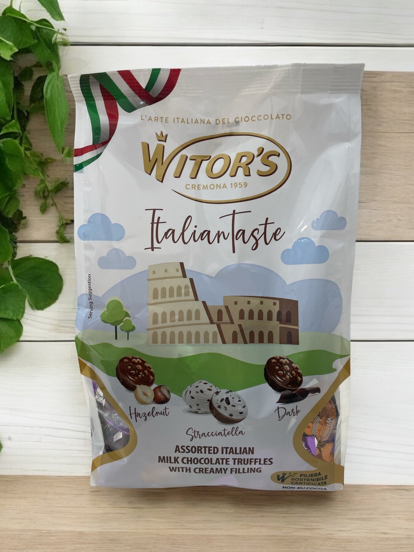 WITOR'S Italian Taste Truffle Chocolate Assortment 700g packaging featuring hazelnut, dark, and stracciatella varieties.