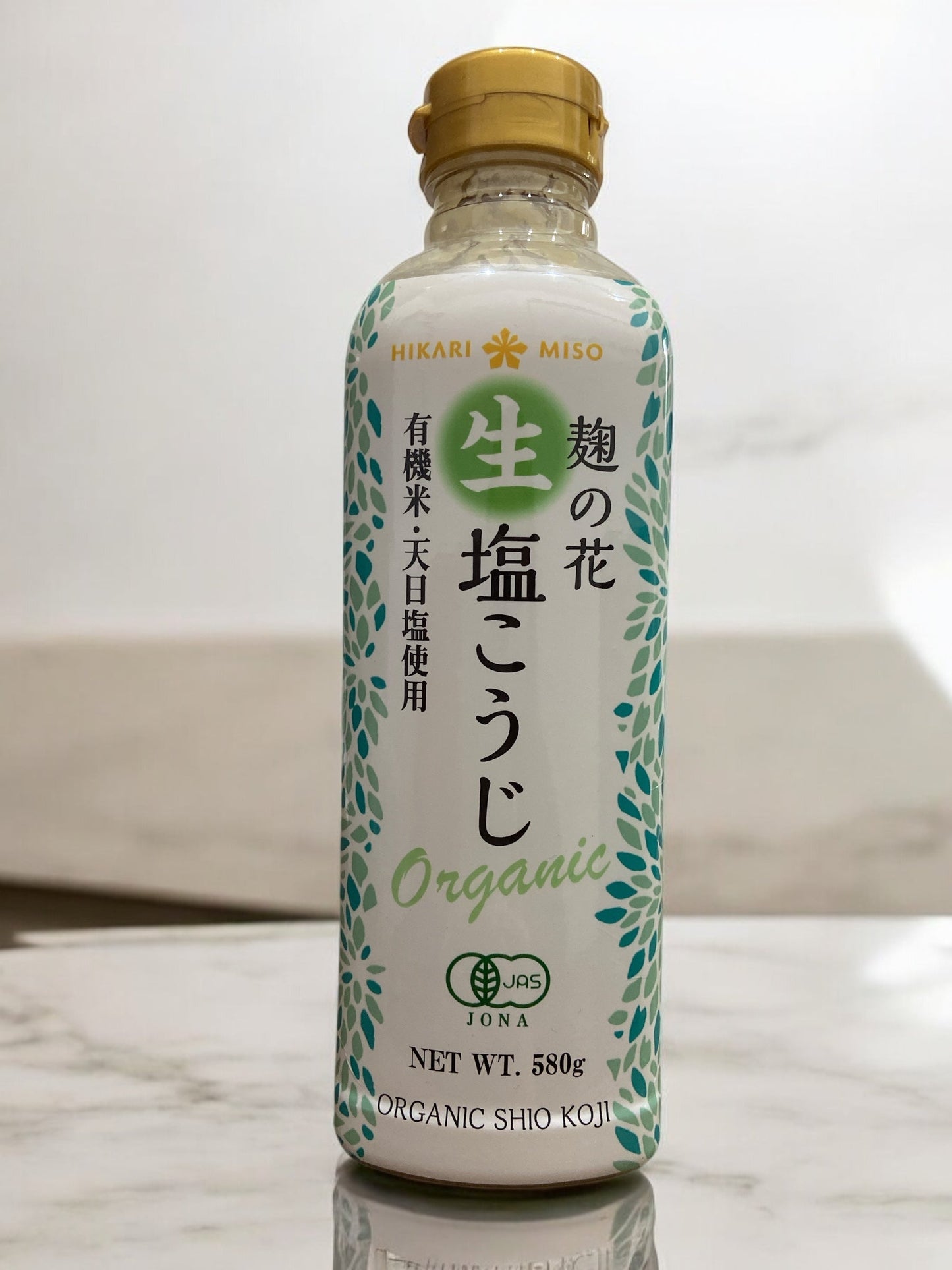 Hikari Miso organic shio koji 580g bottle with JAS certification.