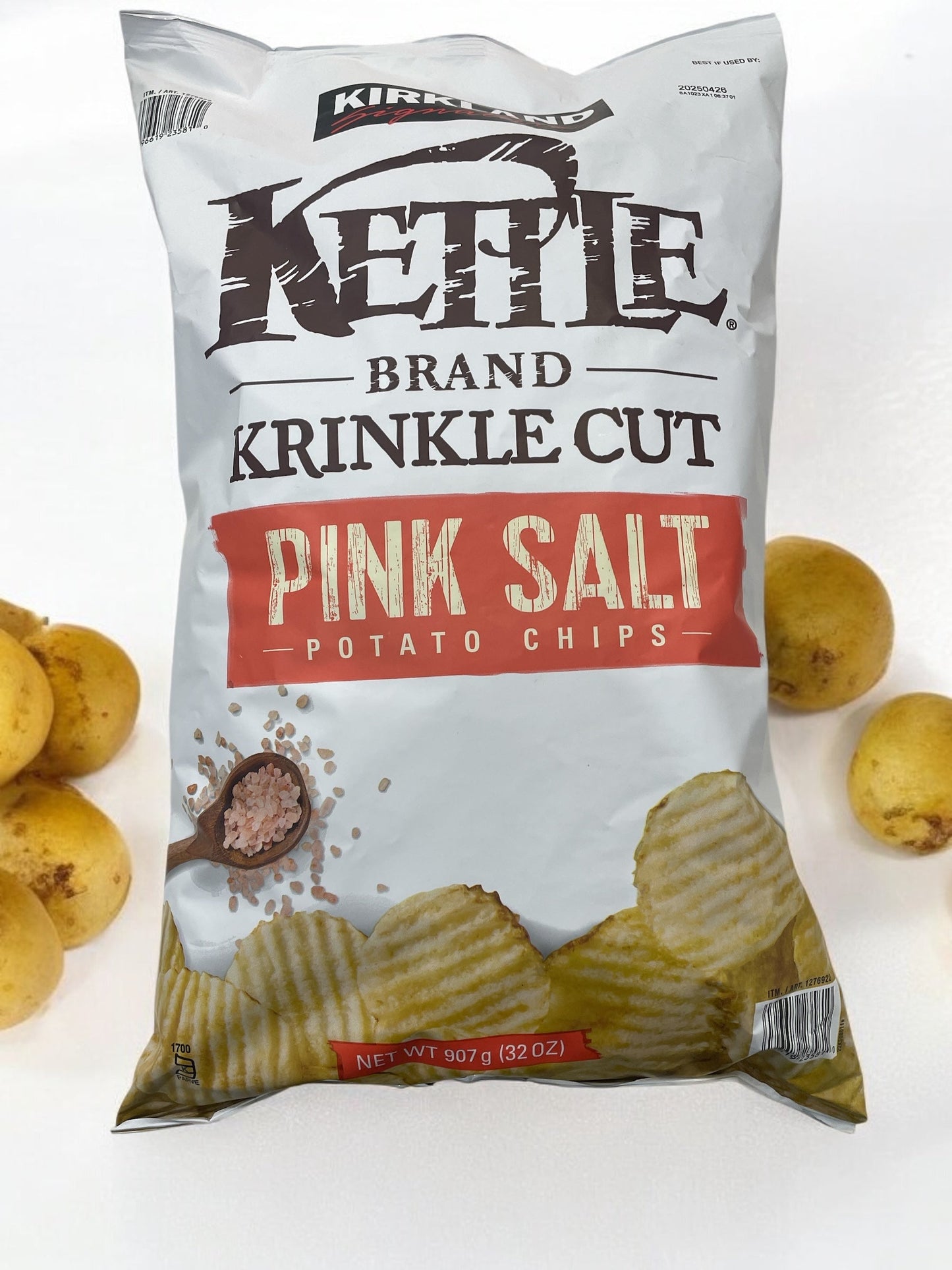 KS PINK SALT chips 907g; crispy potato snacks with zero trans fats.