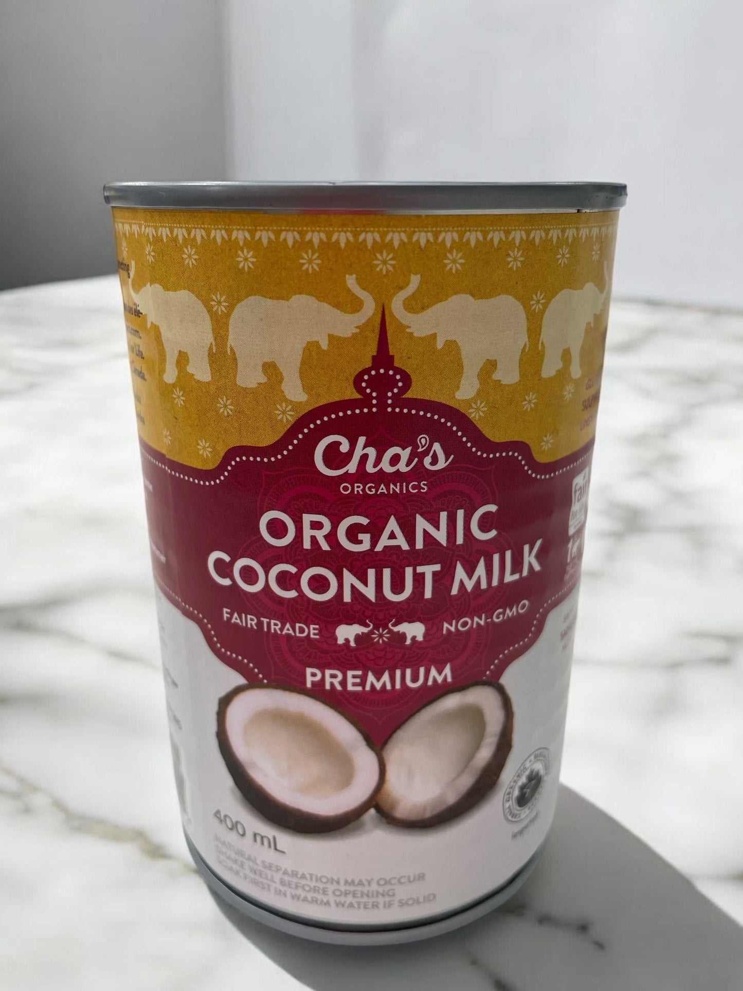 Cha's Organics organic coconut milk can, 400ml, gluten-free, dairy-free.