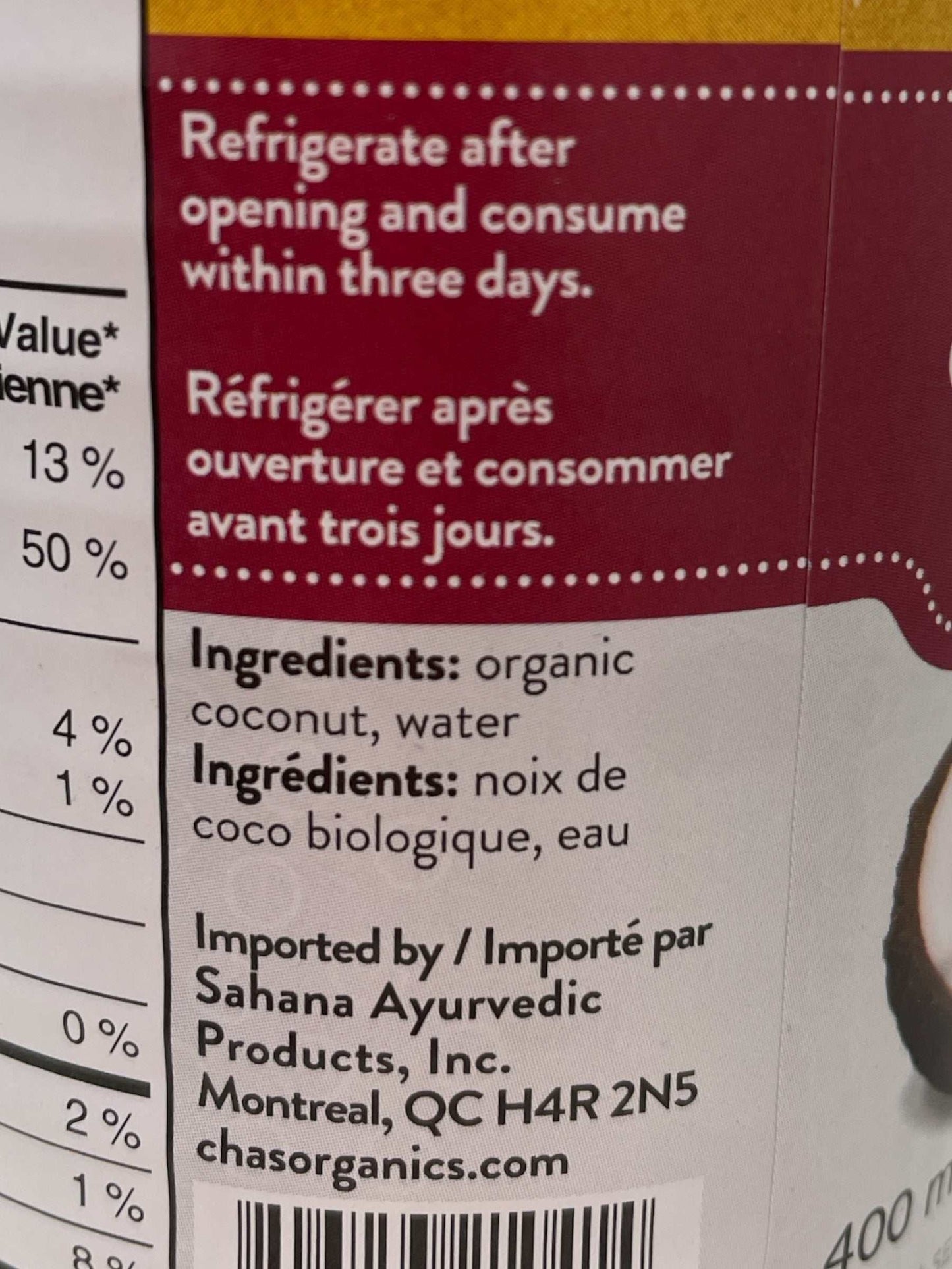 Cha's Organics オーガニック ココナッツミルク 400ml