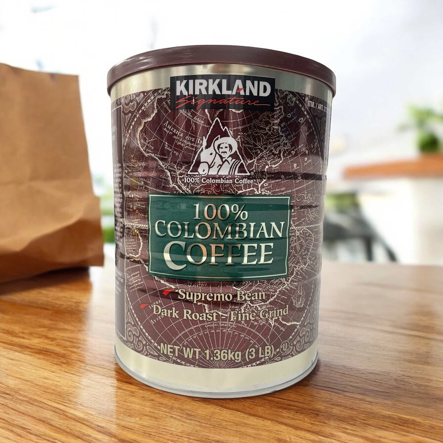 Kirkland Signature Colombian Coffee 1360g, 100% Colombian beans, dark roast.
