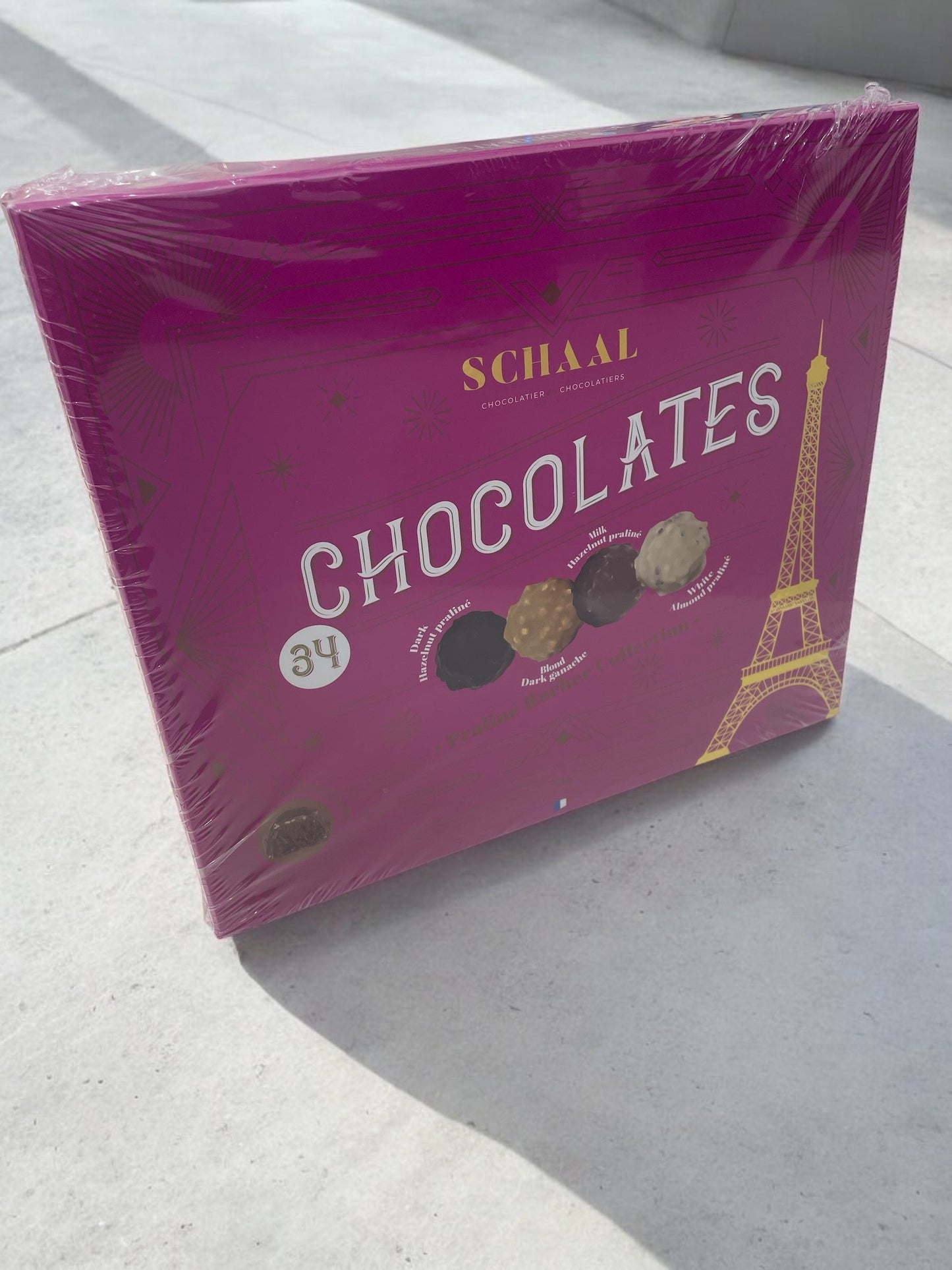 SCHAAL French luxury chocolate collection box, 350g, featuring dark, blonde, milk hazelnut pralines, and white almond praline.