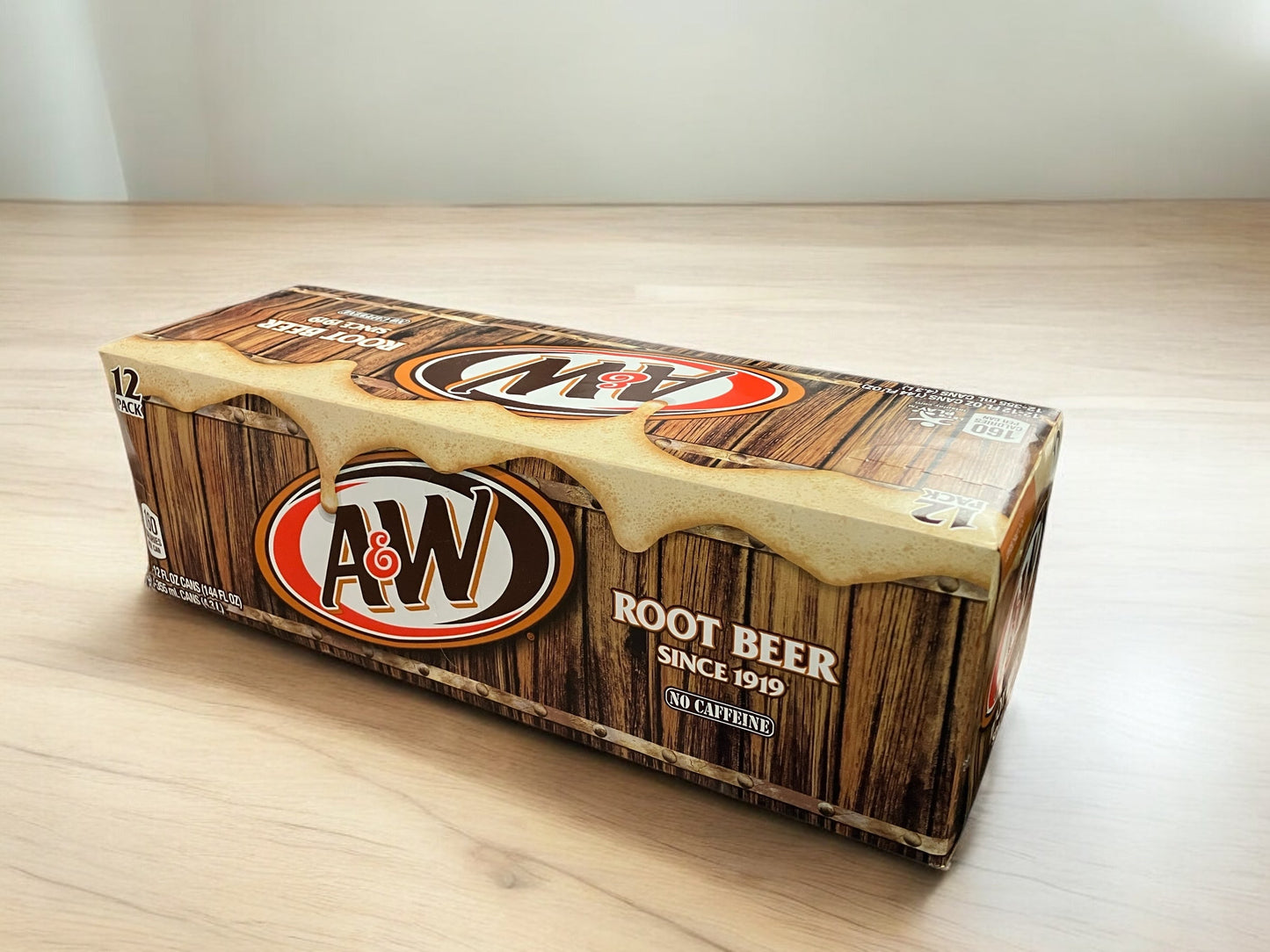 A&W ROOT BEER 355ml 12-pack, non-alcoholic, caffeine-free soda with vanilla and spice flavor.