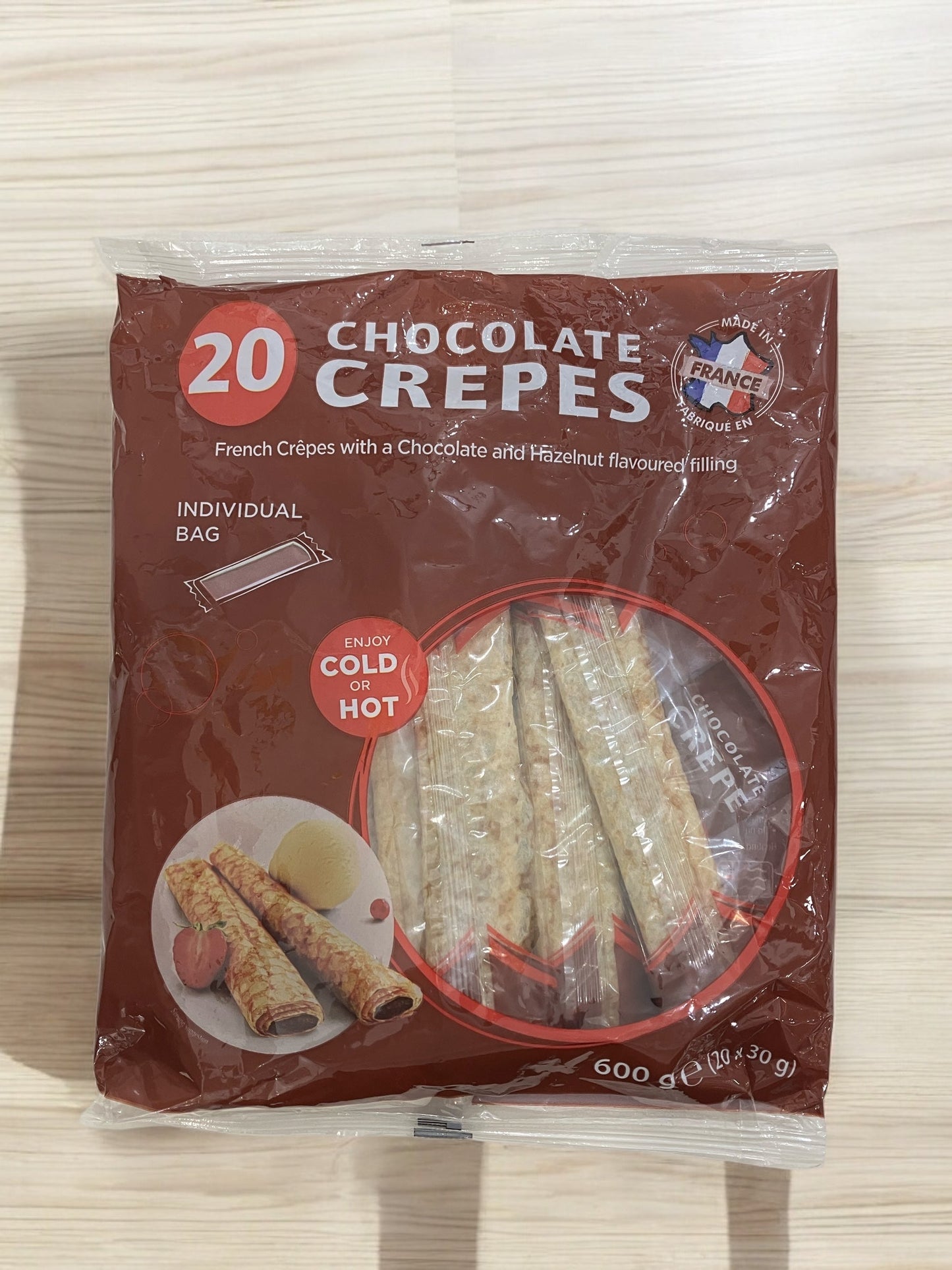 Pack of 20 French Chocolate Crepes, 30g each, made with fresh milk and eggs, no additives, from Brittany, France.