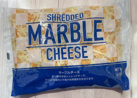 Shredded marble cheese blend of cheddar and mozzarella in 1kg refrigerated package