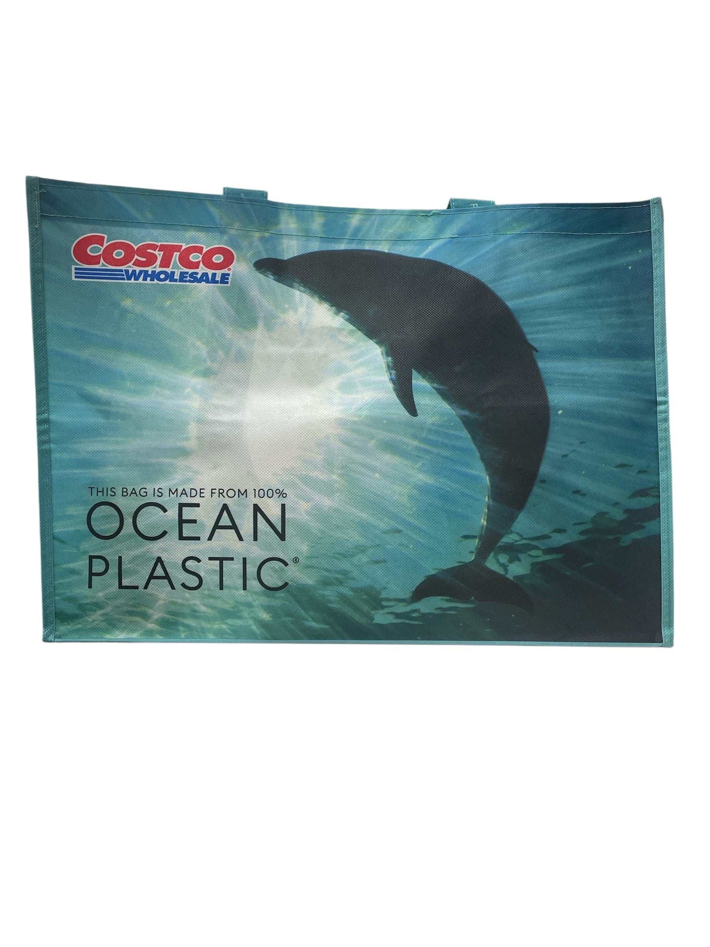 コストコのグリーンOCEAN PLASTICエコバッグ、ボトルホルダー付きショッピングバッグ