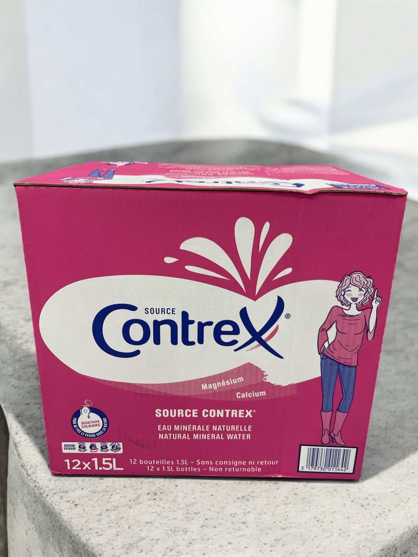 Contrex mineral water 1.5L 12-pack box, French natural mineral water.