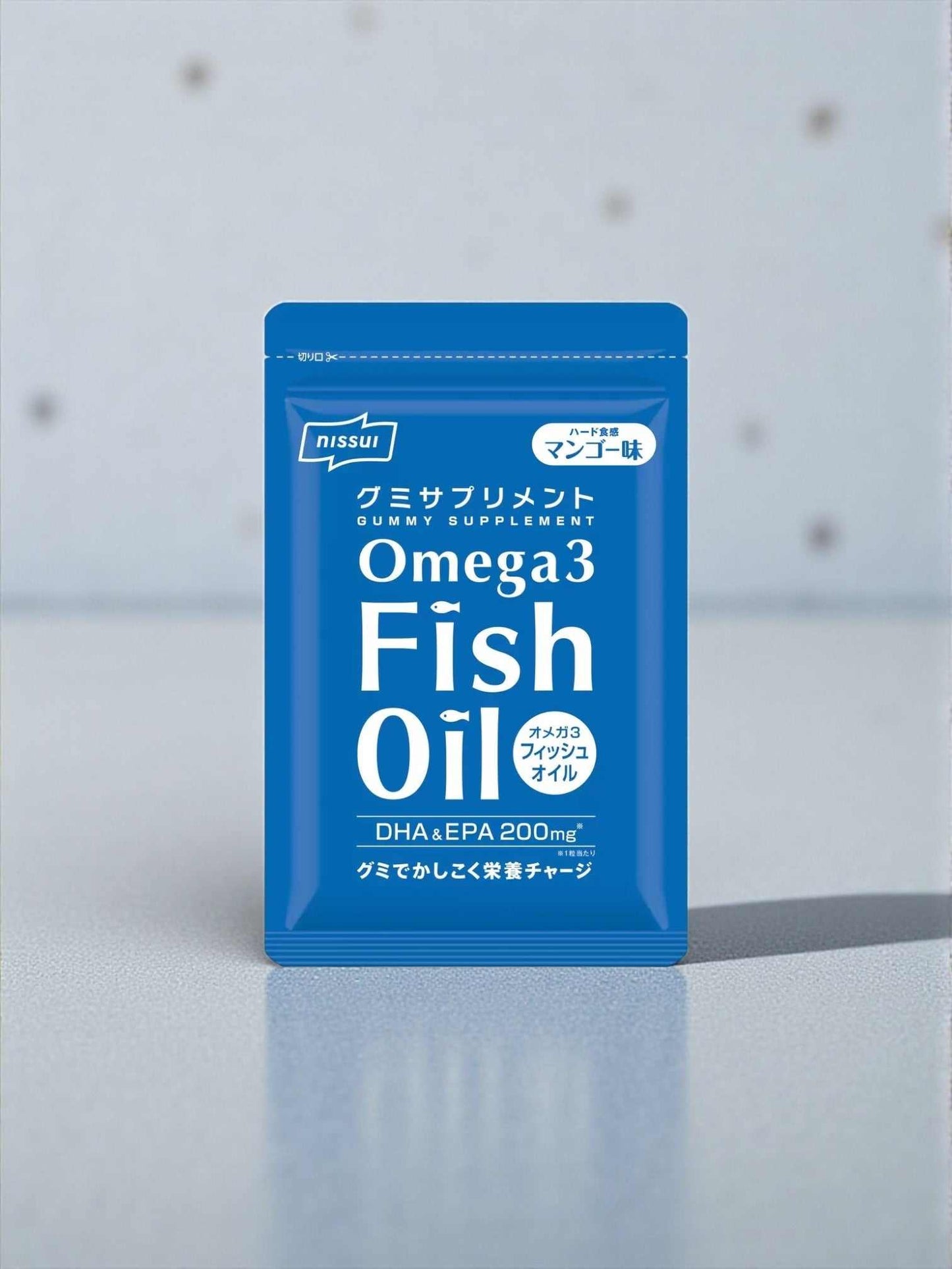 ニッスイグミサプリのオメガ3フィッシュオイル、DHA・EPA200mg配合のマンゴー味グミサプリメント