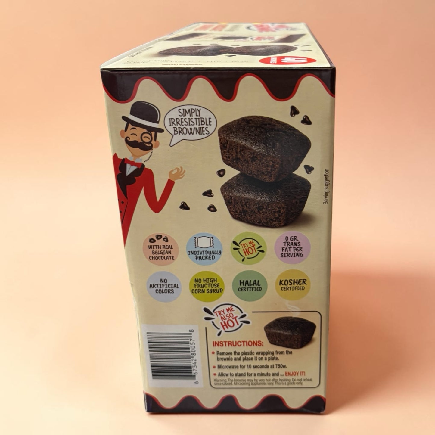 コストコ 商品 全国発送 KOCOSTOREのMr. Brownieベルギー産チョコレートブラウニーのパッケージ側面。特徴や温め方が記載された個包装ブラウニー40個入りボックス