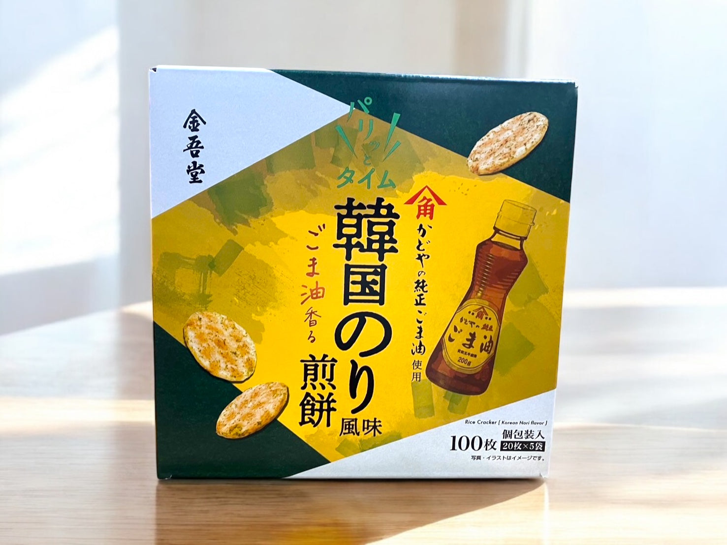 金吾堂製菓の韓国海苔風味お煎餅100枚入りパッケージ。