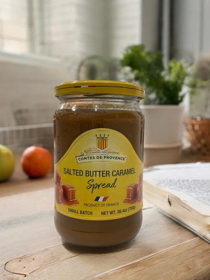 COMTES DE PROVENCE salted butter caramel spread jar on a table.