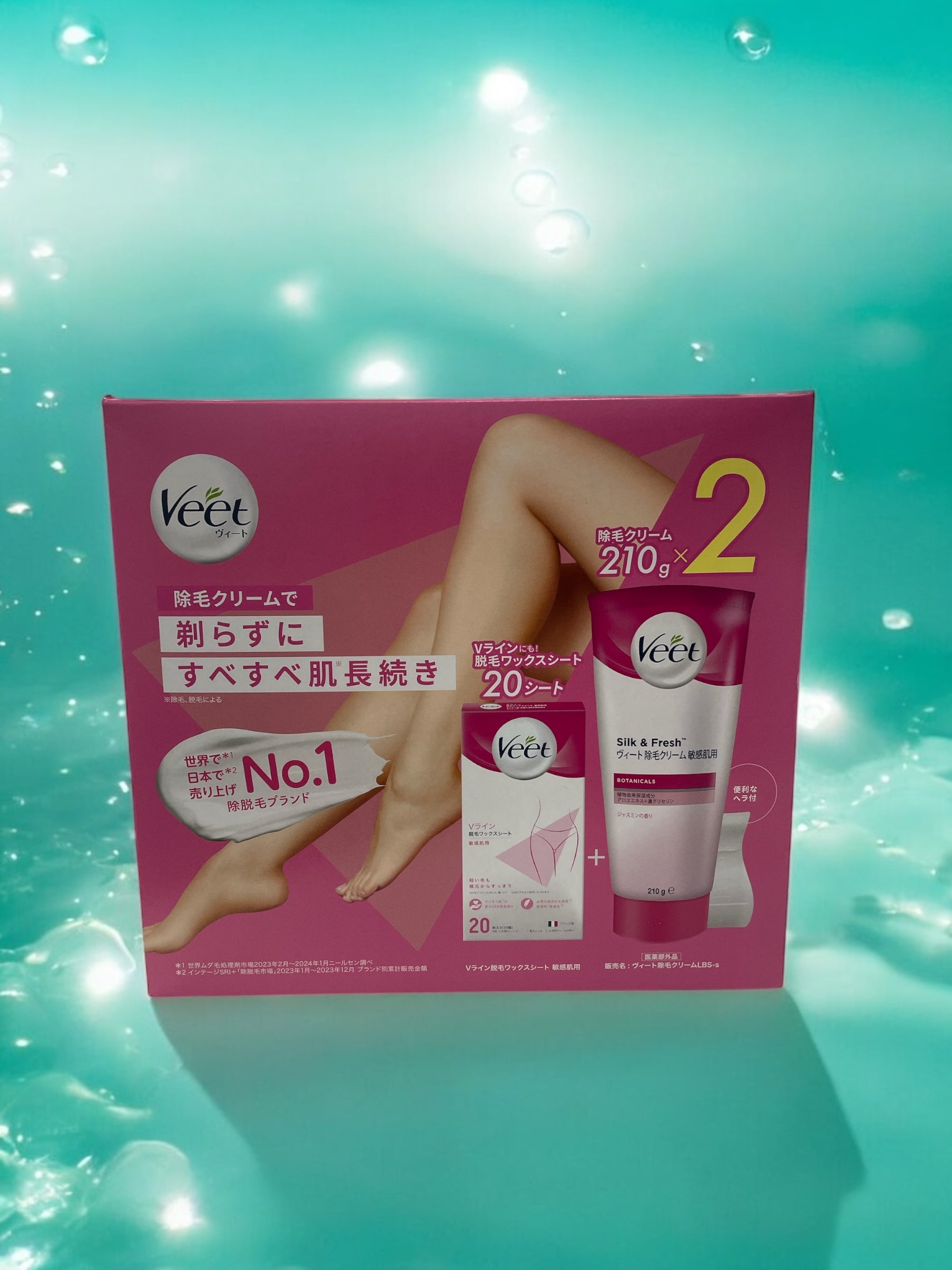 Veet hair removal cream and wax sheet set, 210g×2 bottles, for smooth skin.