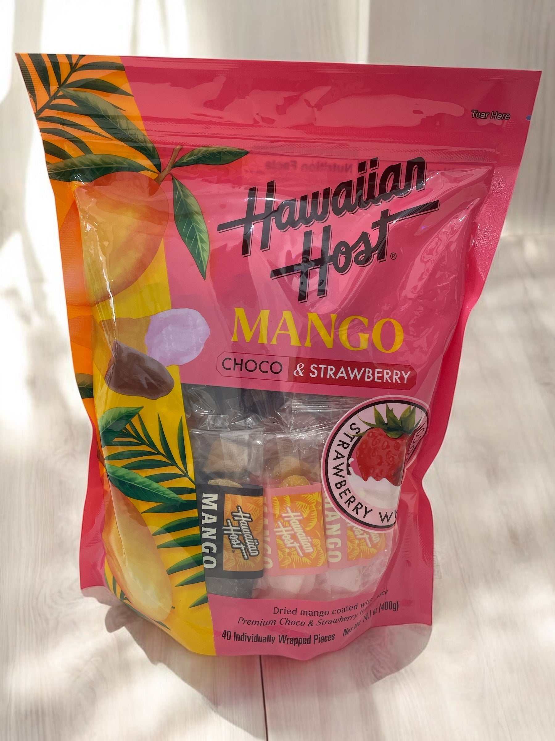 Hawaiian Host dried mango with dark and strawberry chocolate, 40 individually wrapped pieces, 400g package.
