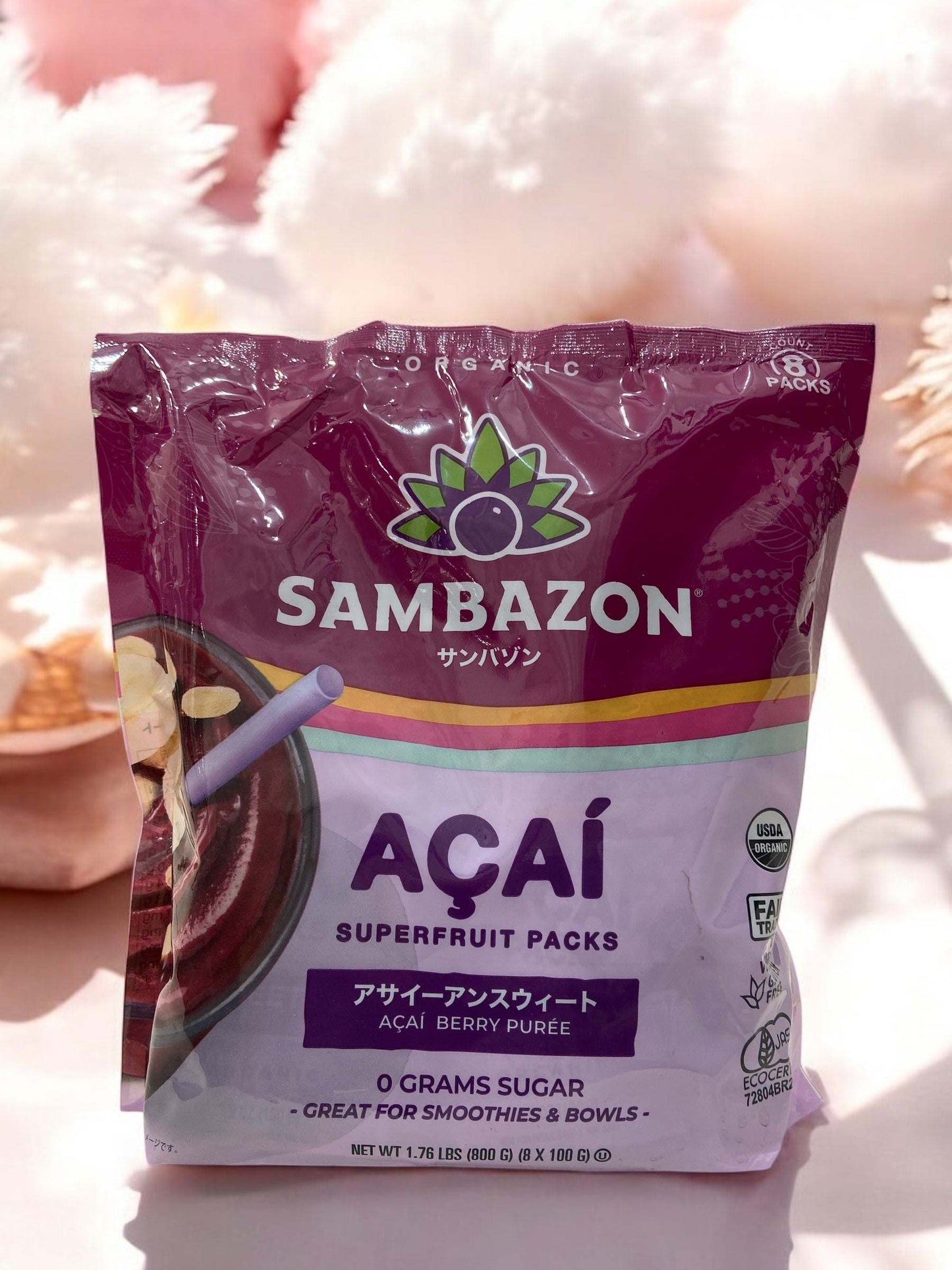 Frozen organic acai smoothie puree pack with no sugar, 8 packs in a bag, gluten-free superfood beverage by Sambazon
