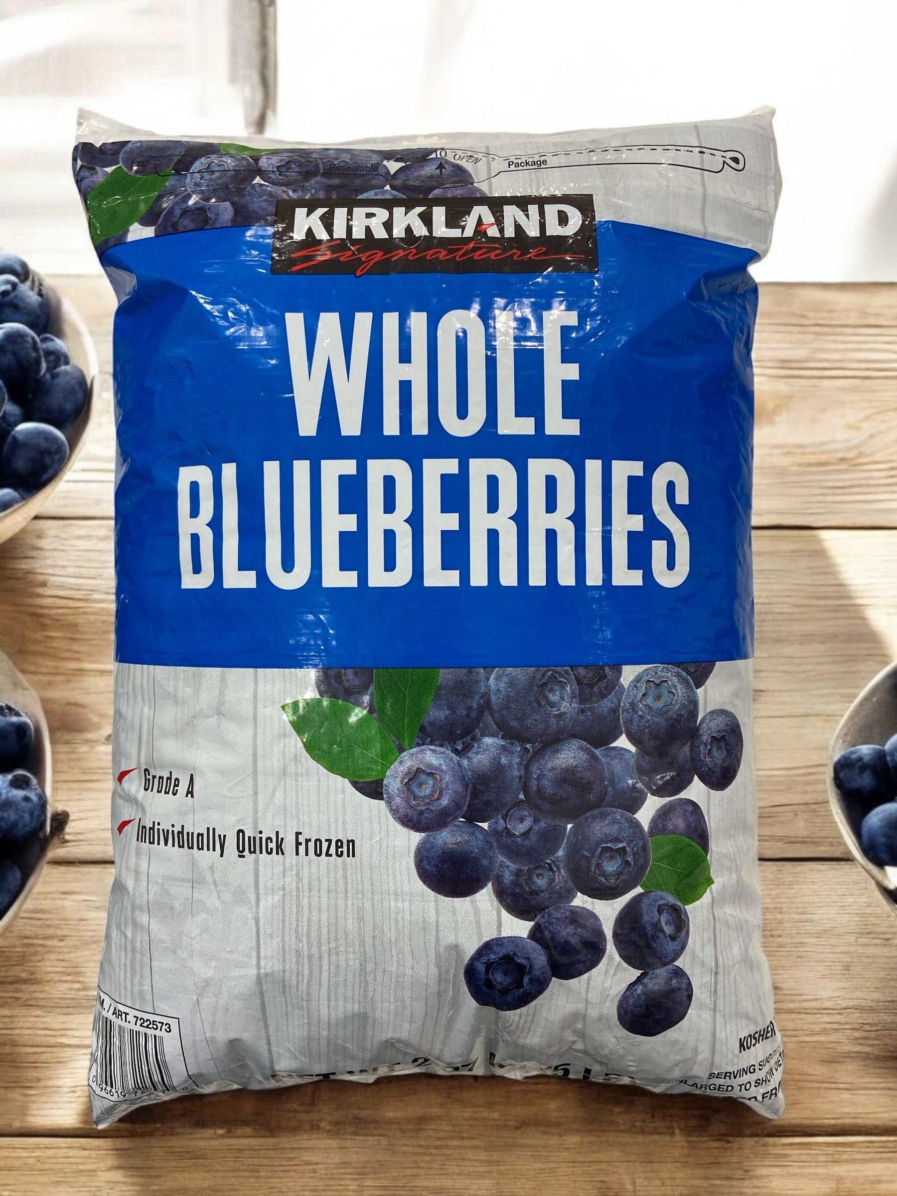 Large 2.27kg bag of Kirkland Signature whole individually quick frozen blueberries