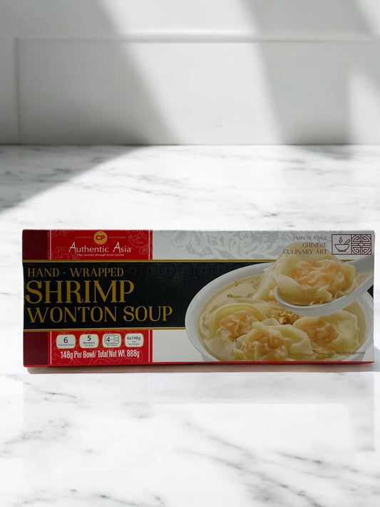 Frozen hand-wrapped shrimp wonton soup with flavorful chicken-based broth, 888g Thailand product