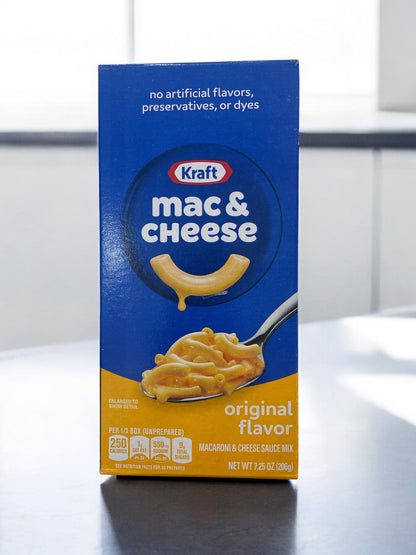 Kraft mac and cheese box with creamy cheese sauce, 205.5g package.