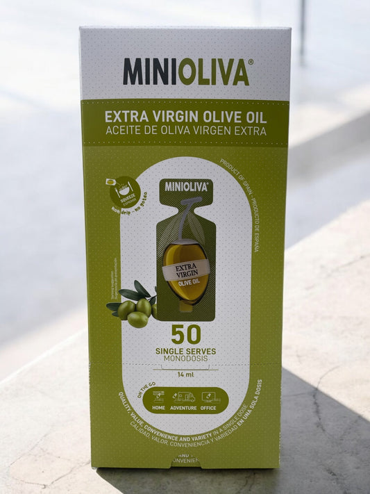 MINIOLIVA extra virgin olive oil 50 single-serve portions packaging.
