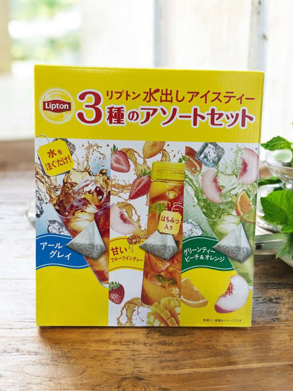 Lipton cold brew iced tea assortment set with 68 tea bags, featuring Earl Grey, sweet fruit tea with honey, and green tea peach & orange flavors.