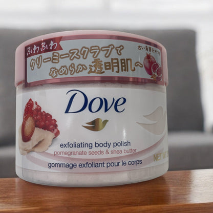 Dove Creamy Body Scrub with Pomegranate & Shea Butter, 298ml, exfoliating and moisturizing.