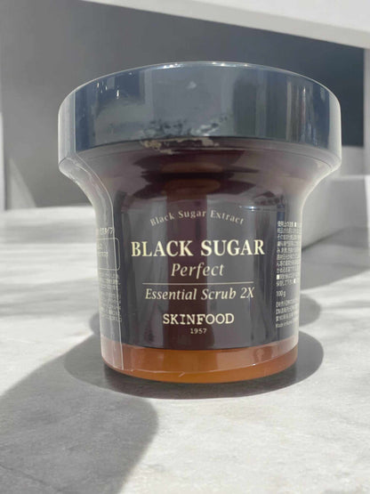 SKINFOOD Black Sugar Perfect Essential Scrub 2X 100ml jar for gentle exfoliation and smooth skin