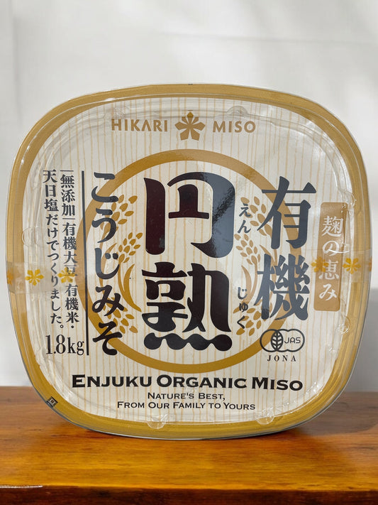 Hikari Miso 1.8kg organic koji miso, made with 100% organic soybeans and rice, featuring natural sweetness and umami, no additives.
