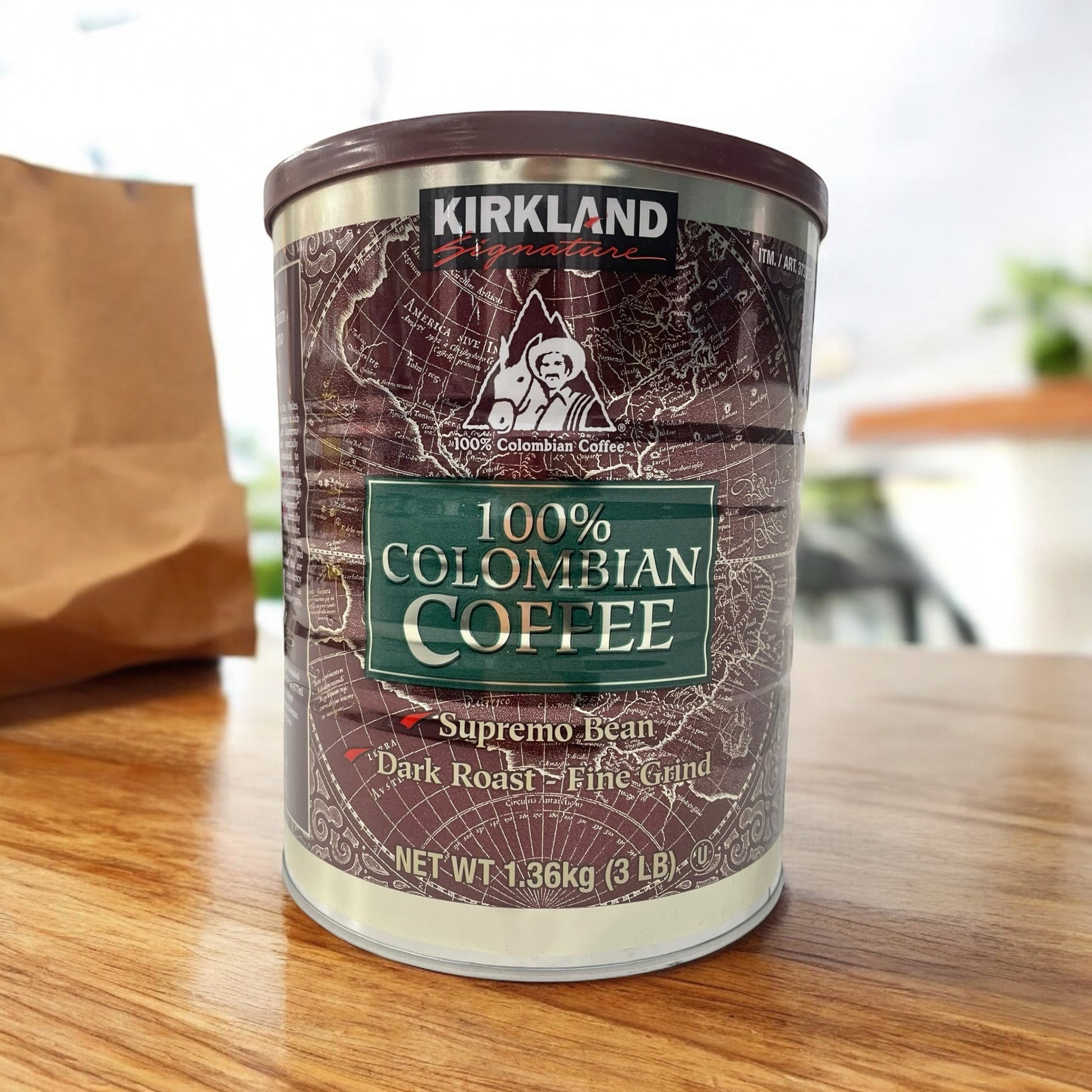 Kirkland Signature Colombian Coffee 1360g, 100% Colombian beans, dark roast.