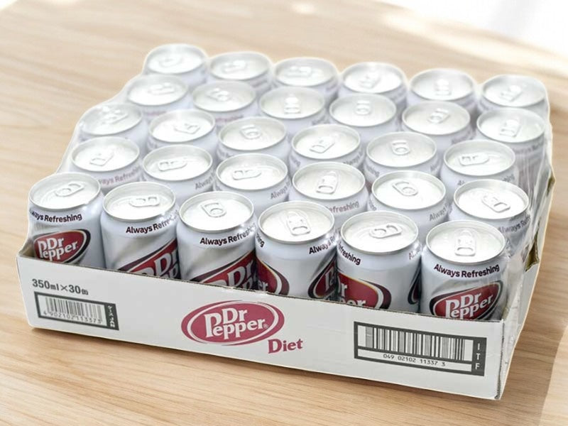 Diet Dr Pepper 350ml cans, 30-pack, zero-calorie carbonated beverage from Texas.