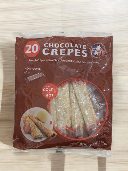 Pack of 20 French Chocolate Crepes, 30g each, made with fresh milk and eggs, no additives, from Brittany, France.