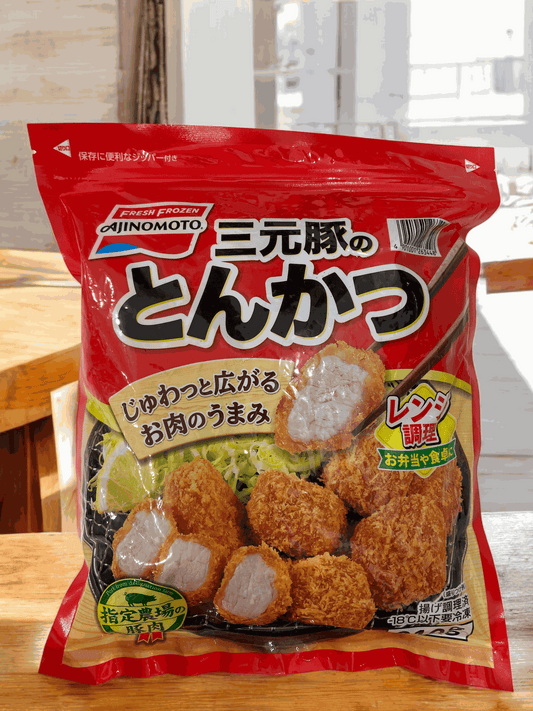 Frozen Ajinomoto Sangen pork bite-sized tonkatsu in resealable bag ready for microwave cooking