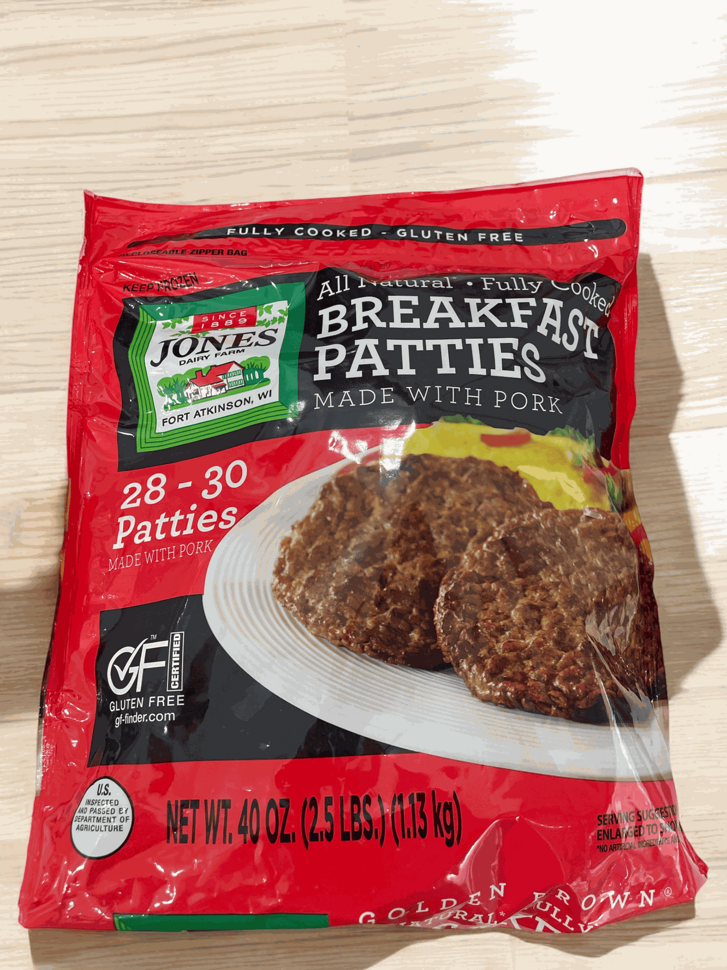 Jones Dairy Farm frozen breakfast pork patties package with 28-30 fully cooked gluten-free patties.