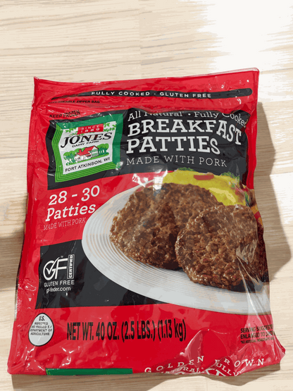 Jones Dairy Farm frozen breakfast pork patties package with 28-30 fully cooked gluten-free patties.