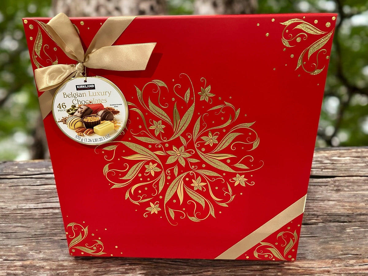 Kirkland Signature Belgian Chocolate Assortment Box, 46 pieces, in red packaging with gold accents.
