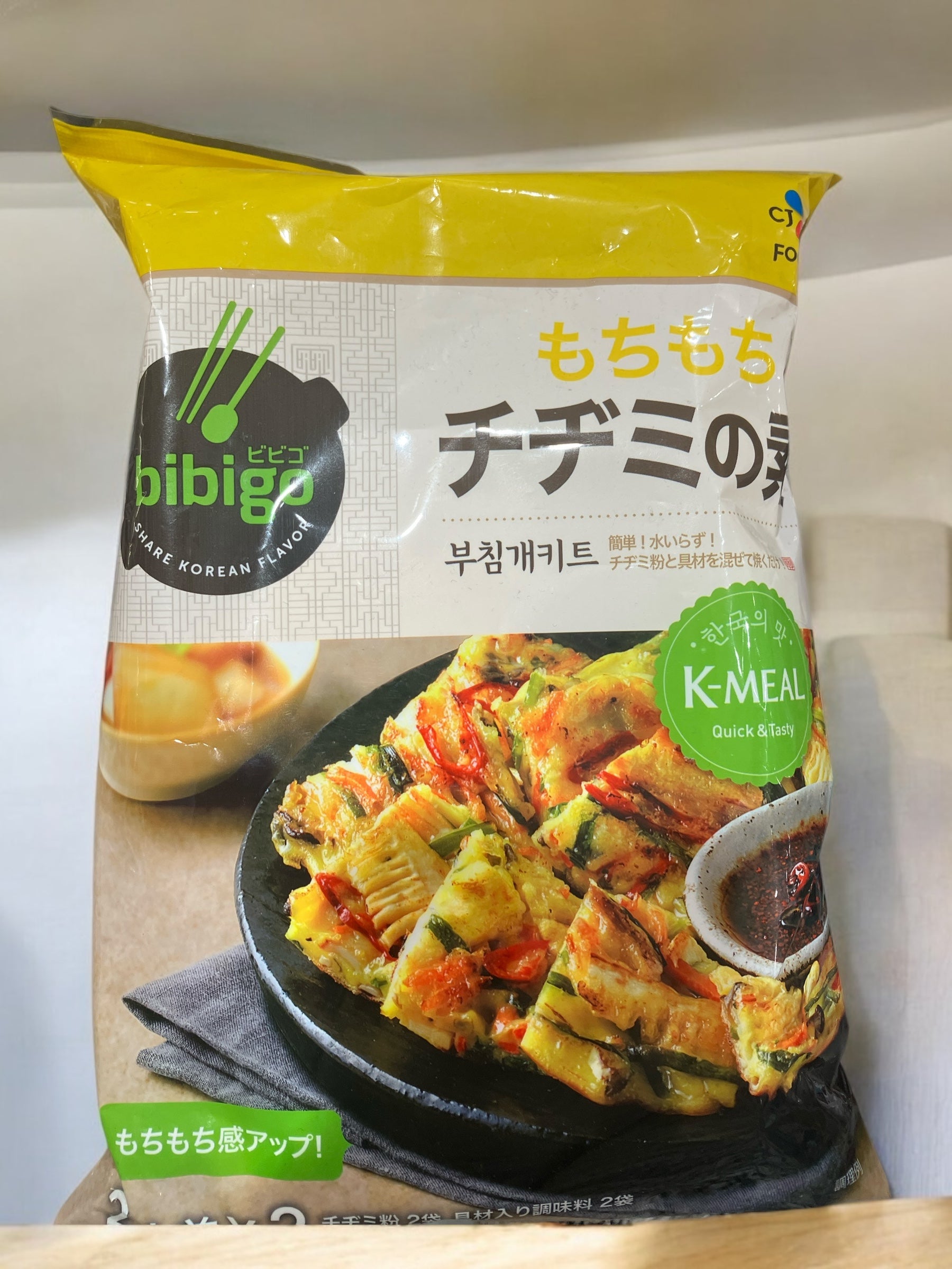 ビビゴのチヂミの素、日本製、もちもち感アップ、にんじん・たけのこ・ひらたけ入り、2人前×2袋。