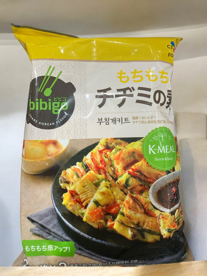 ビビゴのチヂミの素、日本製、もちもち感アップ、にんじん・たけのこ・ひらたけ入り、2人前×2袋。