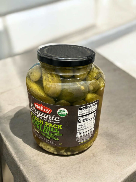 Nalley Baby Dill Pickles, organic, 1.36kg jar, USDA certified, American brand.