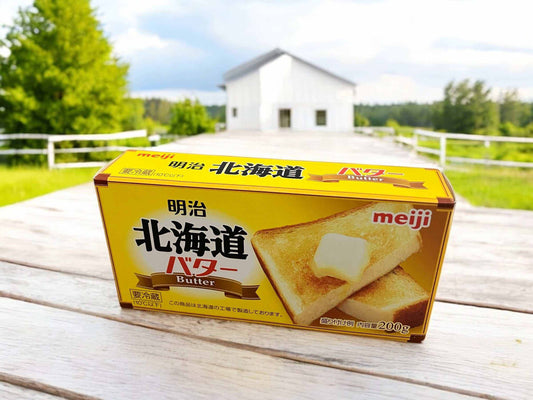 Refrigerated Meiji Hokkaido butter 200g made from 100% Hokkaido milk in yellow packaging