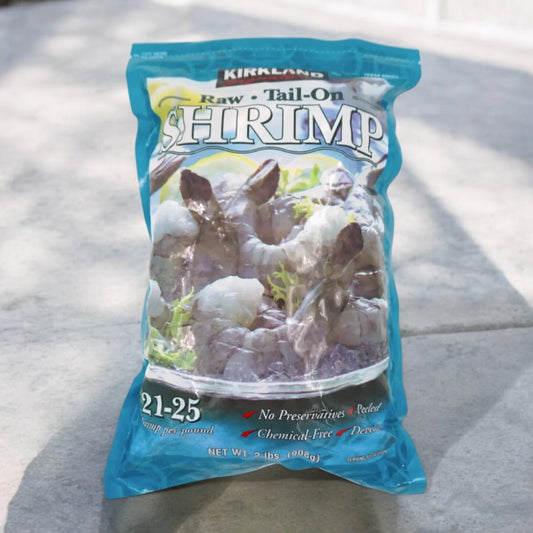 KS SHRIMP frozen peeled tail-on raw shrimp, no preservatives, size 21-25, 908g bag.