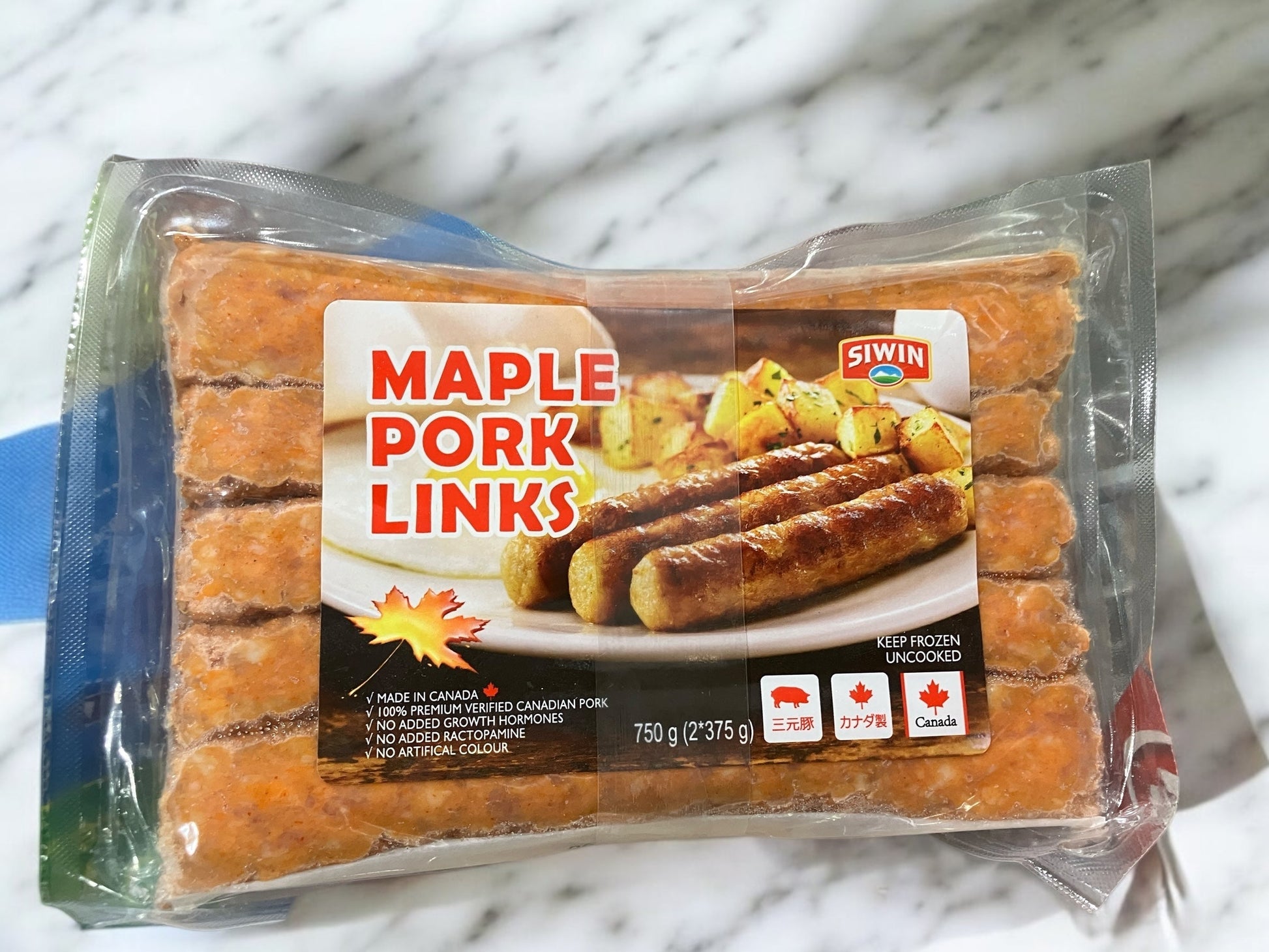 Frozen maple pork links, 375g×2 pack from Canada, uncooked.