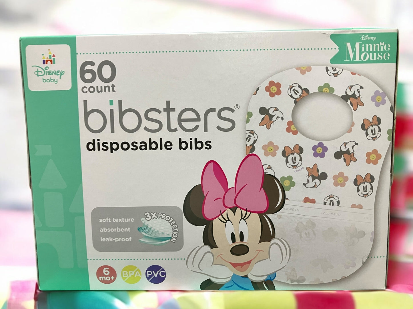 Disney Bibsters Disposable Bibs 60-Pack Minnie Design, 3-Layer Absorbent.