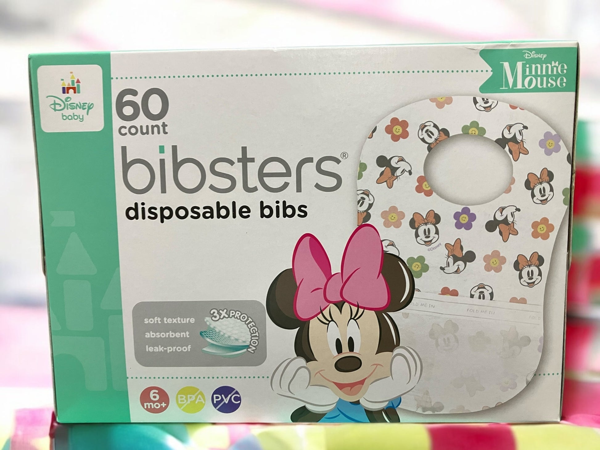 Disney Bibsters Disposable Bibs 60-Pack Minnie Design, 3-Layer Absorbent.