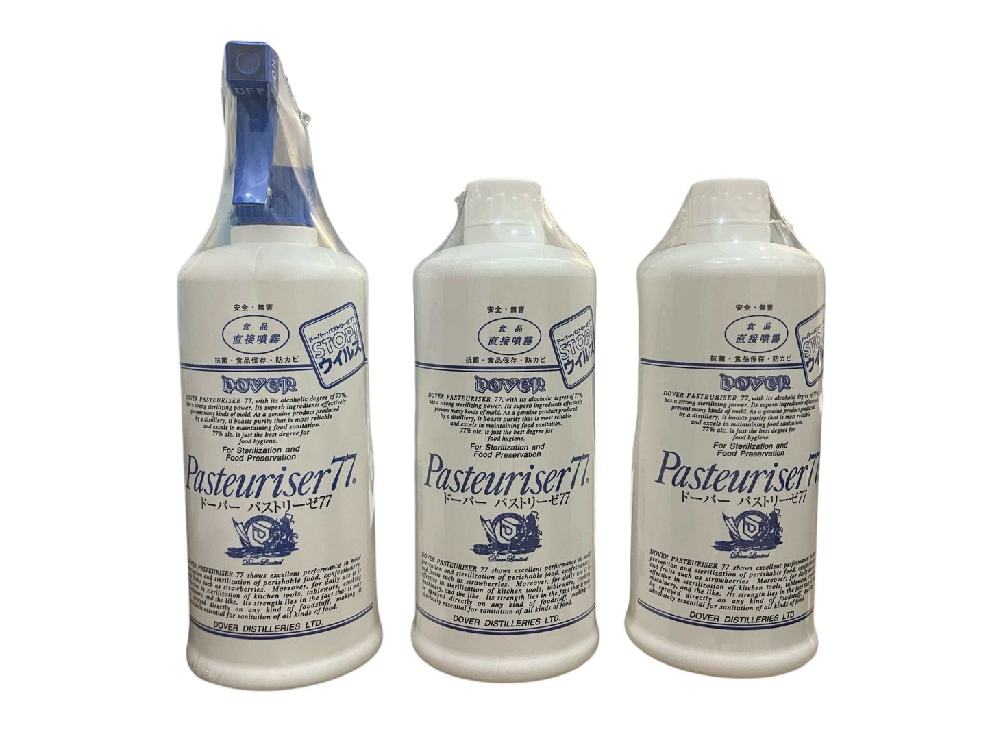 【お得なセット販売】ドーバー パストリーゼ 77 　【 本体1本 ＋ 付け替え用2本  計3本セット 】 　各500ml×3　食品用 除菌アルコールセット　詰め替え用