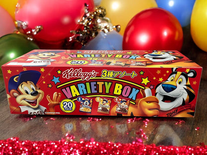 kellogg's バラエティボックス3種 20パック featuring Corn Frosties, Choco Krispies, and Chocowa with colorful packaging and lively characters.